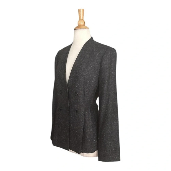 REBECCA TAYLOR Wool Silk Blazer Herringbone Peplum Double Breasted Gray, Size 10 - Picture 6 of 16